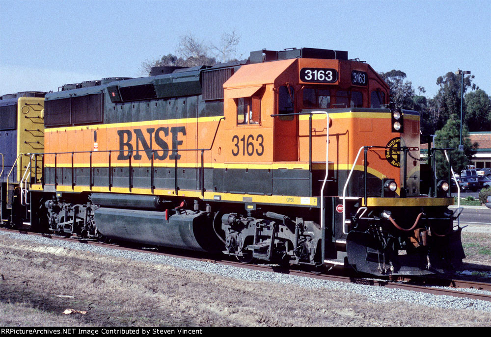 Ex Santa Fe GP50 BNSF #3163 leads the Escondido local.